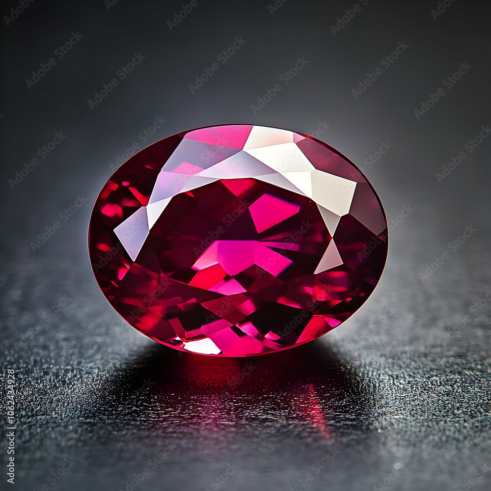 A bright red, oval-cut gemstone sparkles on a dark surface, its facets gleaming vividly under focused light A bright red, oval-cut gemstone sparkles on a dark surface, its facets gleaming vividly under focused light