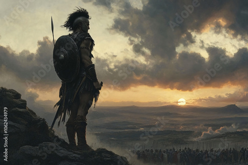 a silhouetted Spartan figure at dawn facing an endless horizon filled with enemy warriors