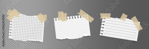 Set of torn notebook paper pieces taped with sticky tape. Realistic ripped notepad page. Template for handmade Collage, poster, graphic, social media Design