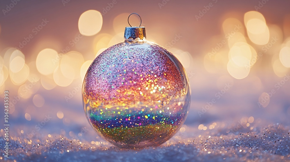 Obraz premium A shimmering glass ornament filled with rainbow glitter, isolated against a warm, glowing holiday backdrop with soft light effects