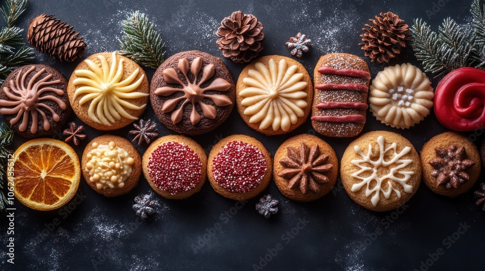 Fototapeta premium An assortment of decorated Christmas cookies arranged on a dark surface with pine sprigs and cones.