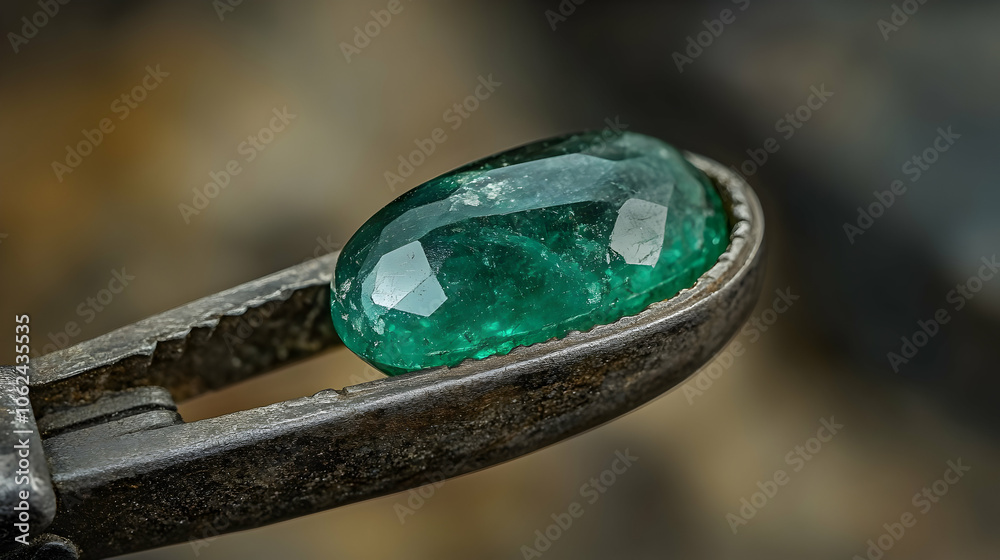 An emerald stone with a faceted surface held in tweezers, exhibiting depth and clarity with a rich, green hue An emerald stone with a faceted surface held in tweezers, exhibiting depth and clarity with a rich, green hue