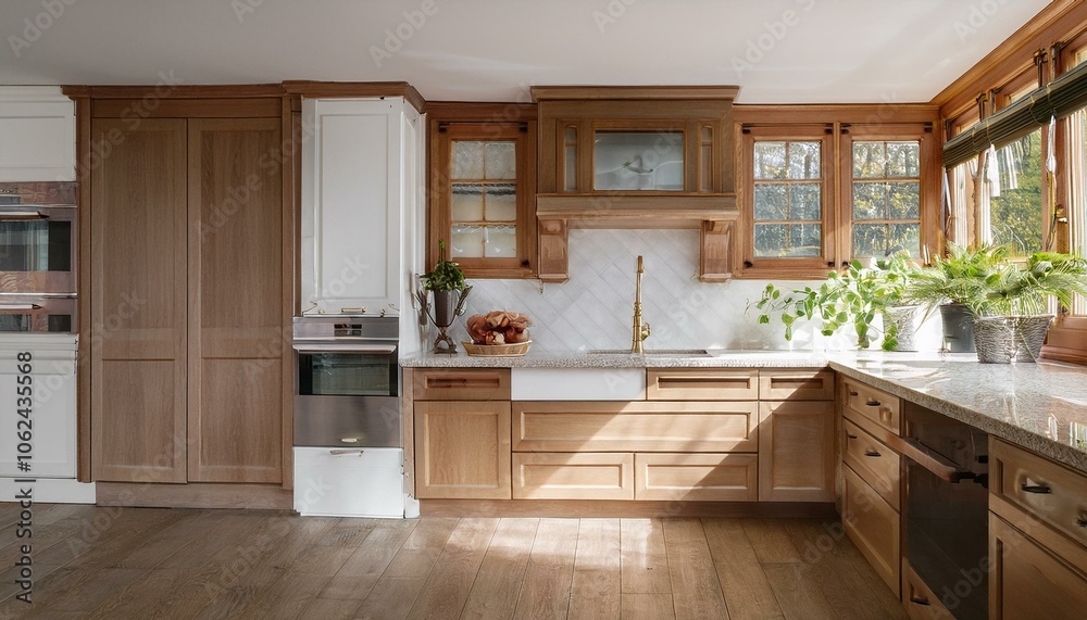 Classical home kitchen interior with washbasin and empty counter Classical home kitchen interior with washbasin and empty counter