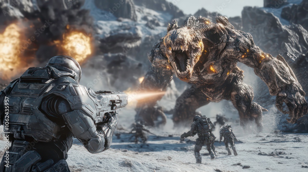 game characters. Action scene with soldiers in armor at war against invading monsters and aliens, science fiction. epic battle. High tech. game characters. Action scene with soldiers in armor at war against invading monsters and aliens, science fiction. epic battle. High tech.