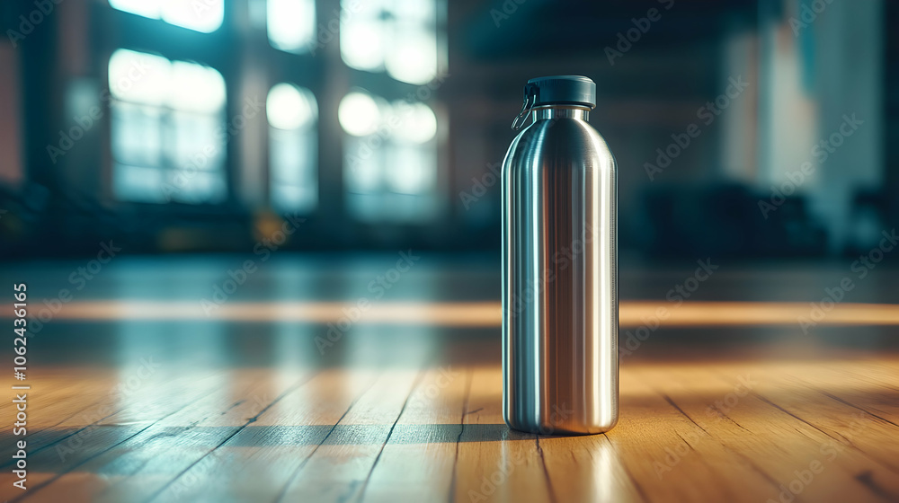 A sleek stainless steel water bottle stands on a gym floor with natural lighting, emphasizing health and hydration in an active setting A sleek stainless steel water bottle stands on a gym floor with natural lighting, emphasizing health and hydration in an active setting