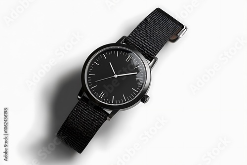 Mockup of a wristwatch with a black strap, isolated PNG file with a shadow on a transparent background.