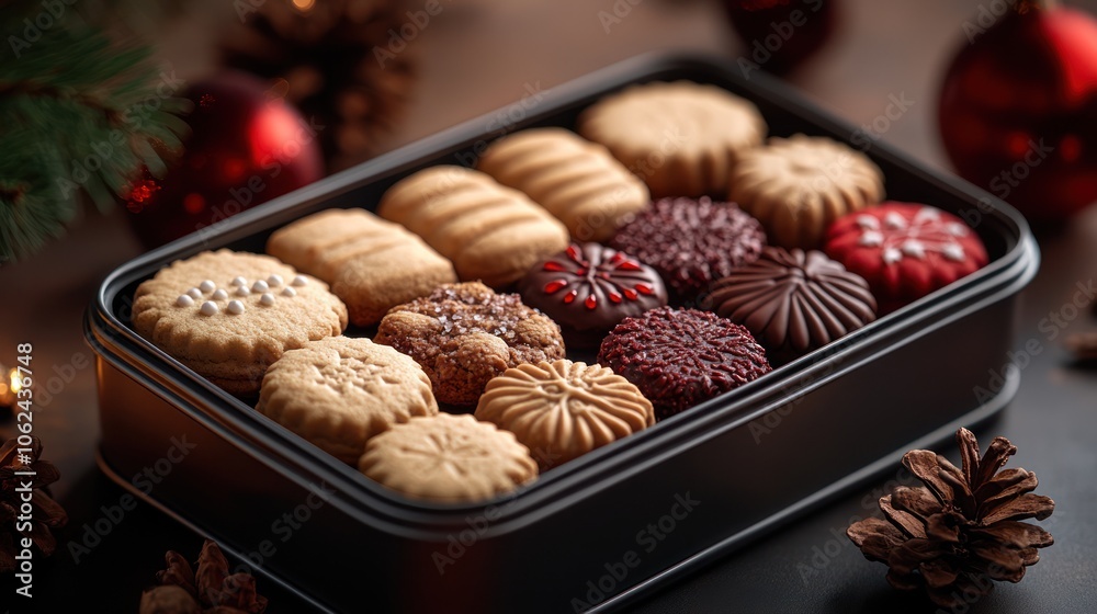 A tin of assorted Christmas cookies, including shortbread, chocolate chip, and gingerbread, decorated with red and white sprinkles. A tin of assorted Christmas cookies, including shortbread, chocolate chip, and gingerbread, decorated with red and white sprinkles.