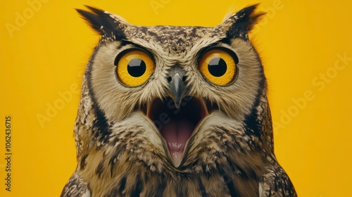 For posters, banners, postcards, advertisements, eagle owl close-up with big shocked yellow eyes screaming in surprise on yellow background. For banners, postcards, and advertisements. photo