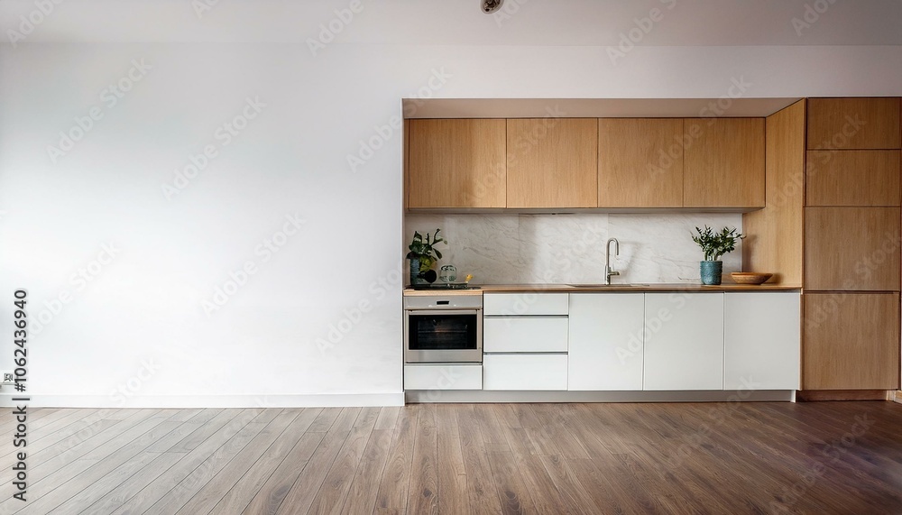 Front view on bright kitchen interior with empty white wall Front view on bright kitchen interior with empty white wall