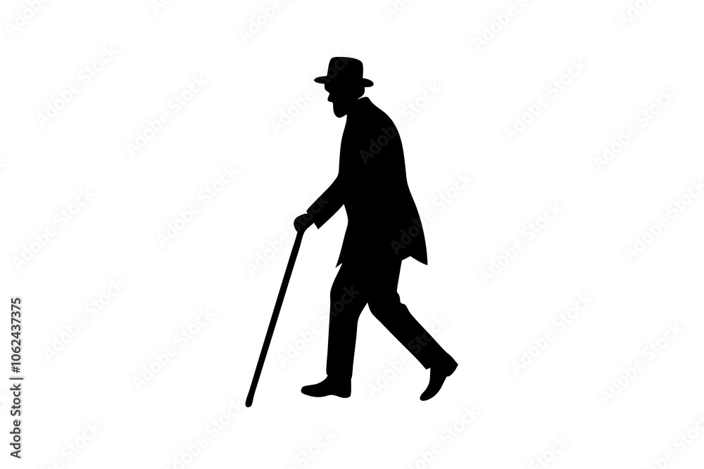 Old man person walking with stick. vector silhouette character isolated on white background. Senior mature, old people active life. Health care concept. Grandpa silhouette. Retail senior in park. Old man person walking with stick. vector silhouette character isolated on white background. Senior mature, old people active life. Health care concept. Grandpa silhouette. Retail senior in park.