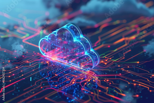 Futuristic glowing cloud symbol with colorful neon circuitry representing data flow and cloud computing