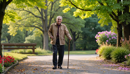 Smiling elderly man walking with a cane in a park surrounded by colorful flowers