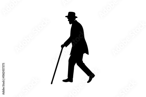 Old man person walking with stick. vector silhouette character isolated on white background. Senior mature, old people active life. Health care concept. Grandpa silhouette. Retail senior in park.