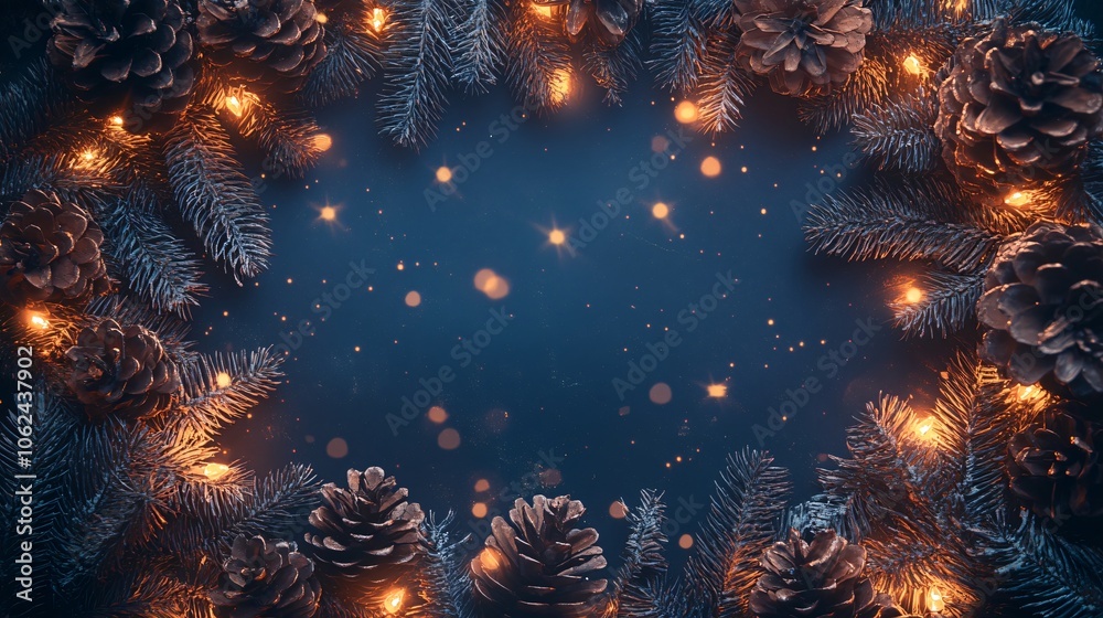 Fototapeta premium A frame of mini pine cones mixed with warm holiday lights, isolated on a midnight blue background with small, glowing star accents