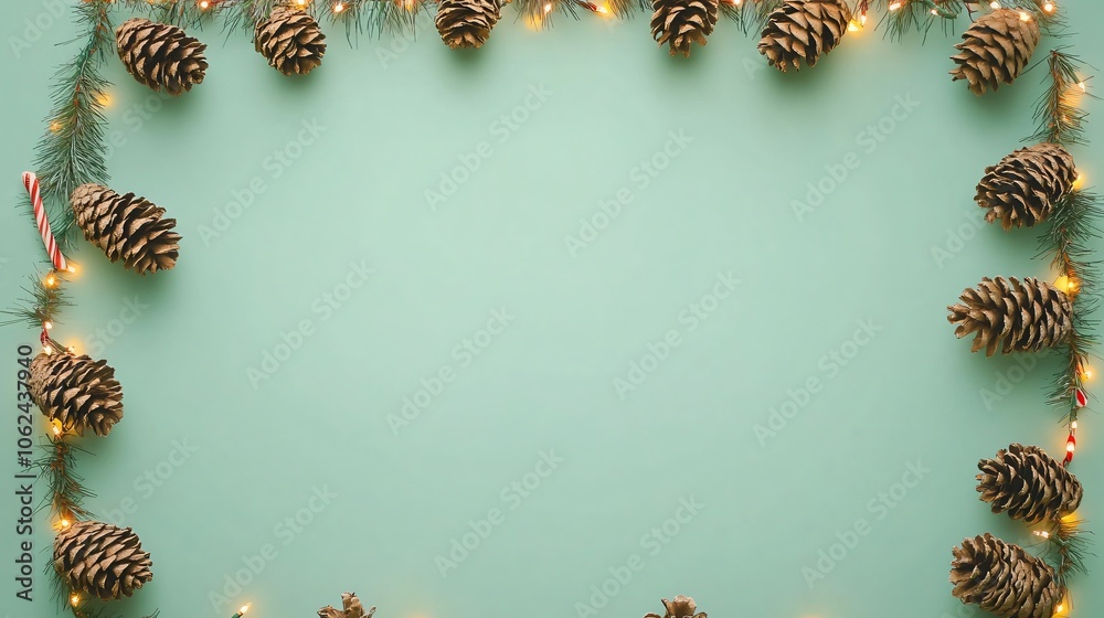 A frame of tiny pine cones and warm twinkle lights arranged in a whimsical shape, on a soft, mint green background with candy cane accents A frame of tiny pine cones and warm twinkle lights arranged in a whimsical shape, on a soft, mint green background with candy cane accents