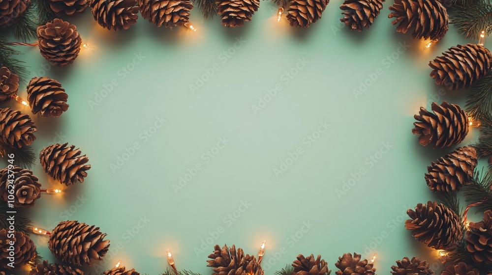 A frame of tiny pine cones and warm twinkle lights arranged in a whimsical shape, on a soft, mint green background with candy cane accents A frame of tiny pine cones and warm twinkle lights arranged in a whimsical shape, on a soft, mint green background with candy cane accents