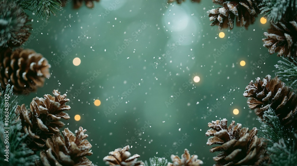custom made wallpaper toronto digitalA natural frame of mini pine cones with delicate golden lights, on a moss green background with subtle snowfall effects