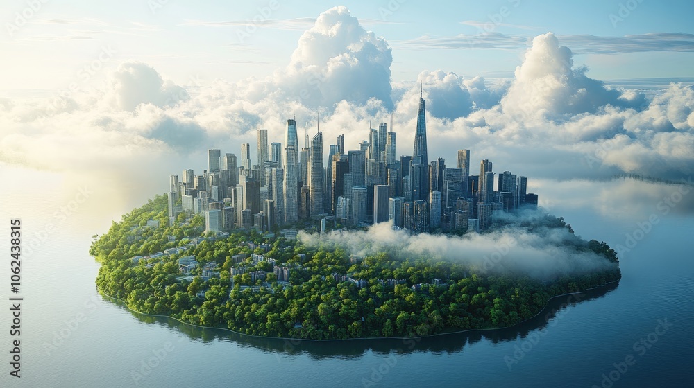 Fototapeta premium A futuristic city, surrounded by clouds, sits atop an island in the middle of a calm body of water. The city is made of glass and steel buildings, and it has a vibrant and modern feel.