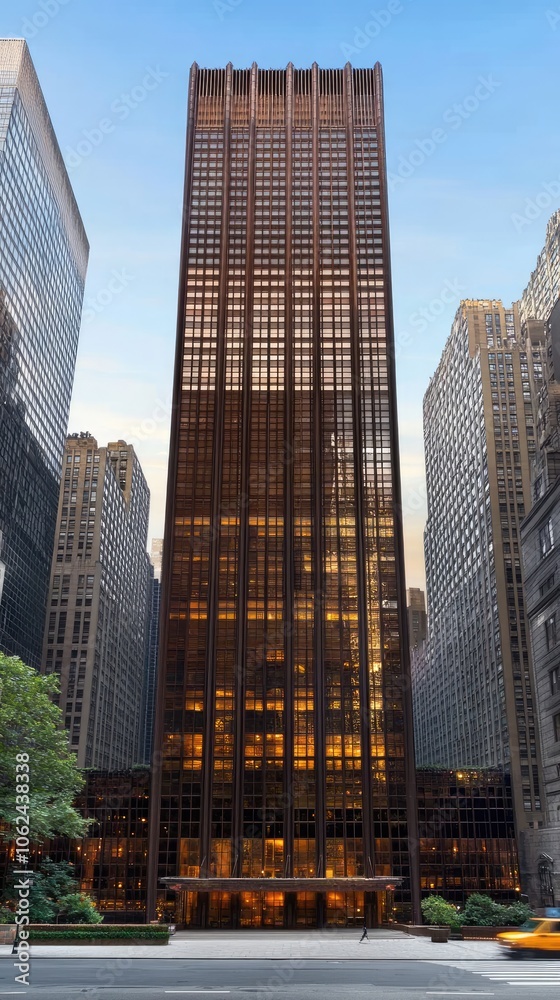 Fototapeta premium A stunning low-angle perspective captures modern skyscrapers reaching towards a bright blue sky dotted with clouds in bustling Gotham City