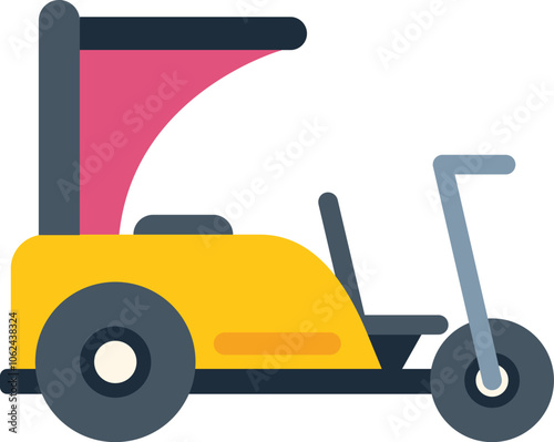 Yellow auto rickshaw taxi cab service driving side view flat color vector icon for apps and websites