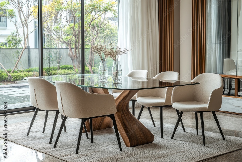 Fototapeta premium Modern dining room featuring unique table design and elegant chairs in a stylish setting