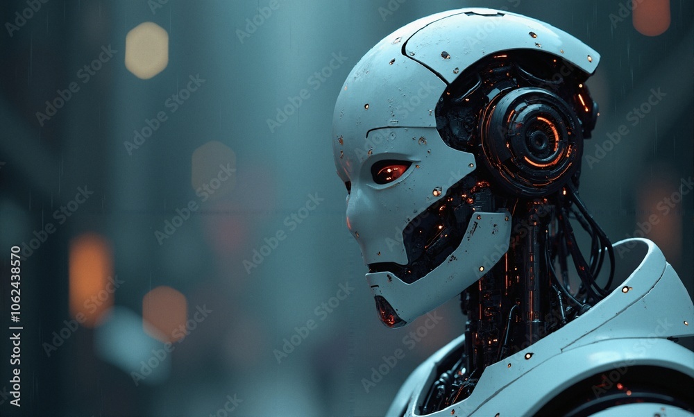 Fototapeta premium Cybernetic Sentinel in Neon Rain