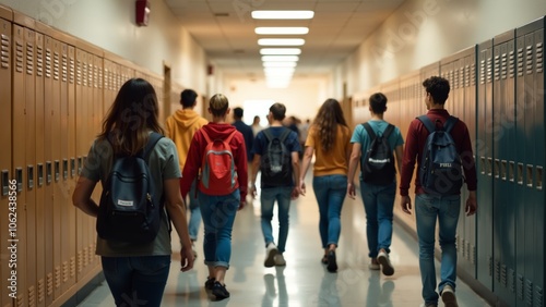 Students walk through a busy school hallway filled with lockers during a typical school day