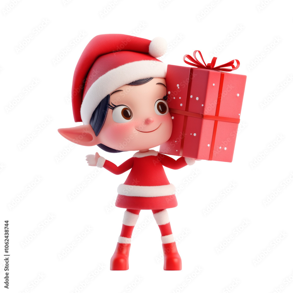 Cute Christmas Elf Holding Gift Box with Joyful Expression Cute Christmas Elf Holding Gift Box with Joyful Expression