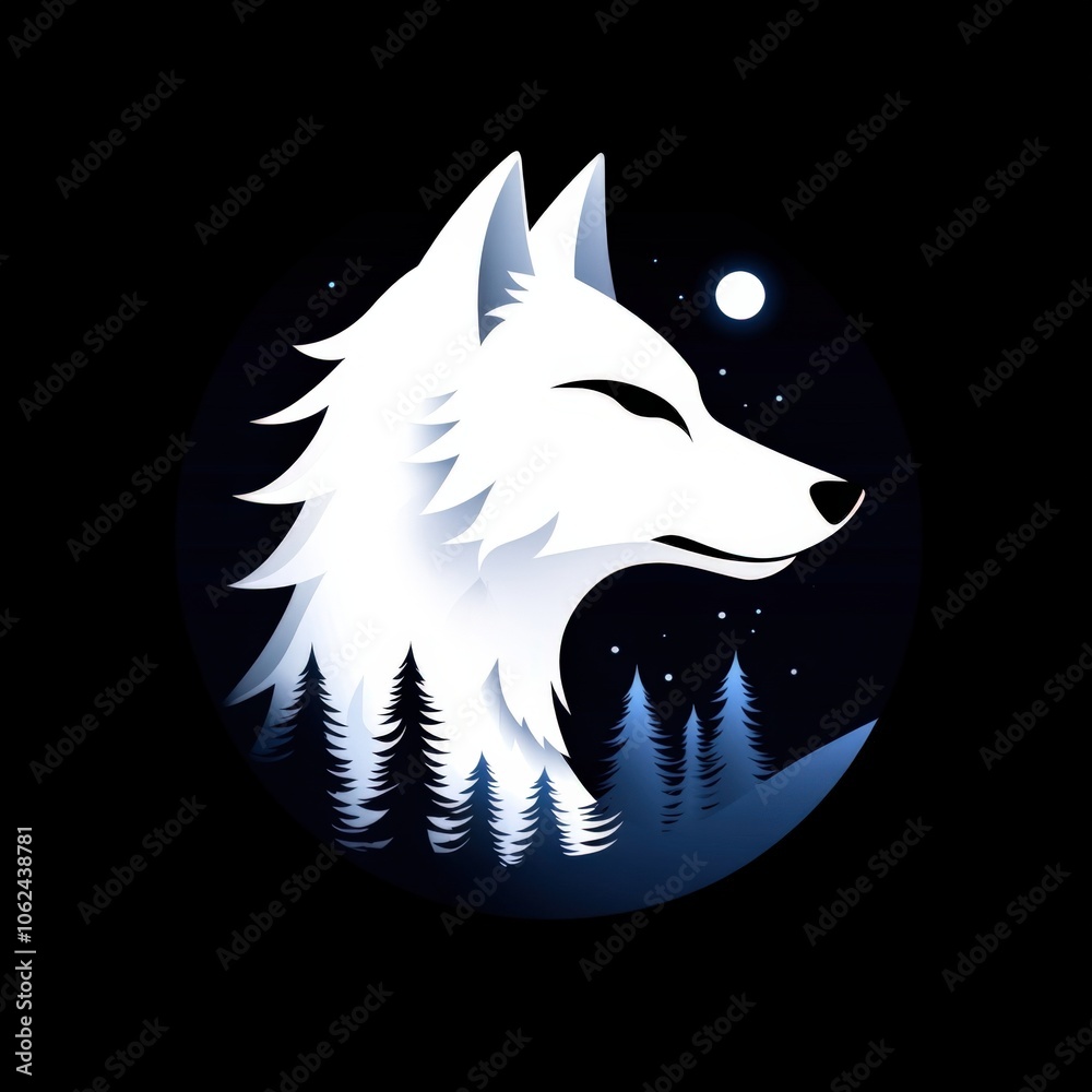 Stylized Wolf Silhouette Under Moonlit Night Sky with Pine Trees Stylized Wolf Silhouette Under Moonlit Night Sky with Pine Trees