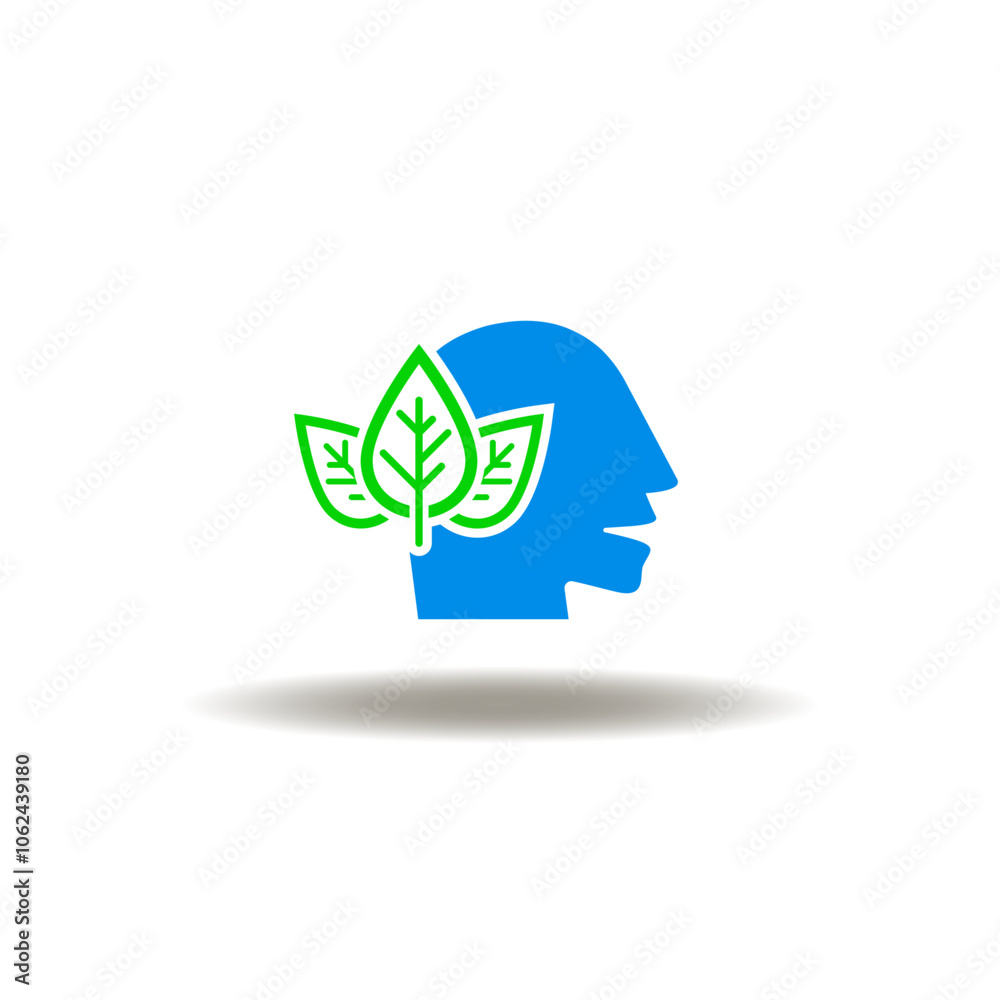 Vector illustration of head with leaves. Symbol of think green. Icon of wellness. Vector illustration of head with leaves. Symbol of think green. Icon of wellness.