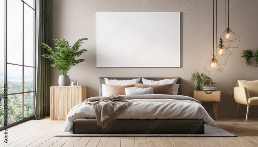 Fototapeta premium Modern bedroom interior with blank poster on wall. 3D Rendering