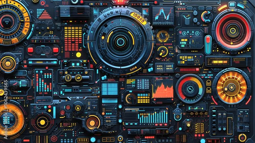 This digital interface showcases a colorful arrangement of gauges, dials, and graphs, indicating a complex system actively in use, likely in a laboratory or control room