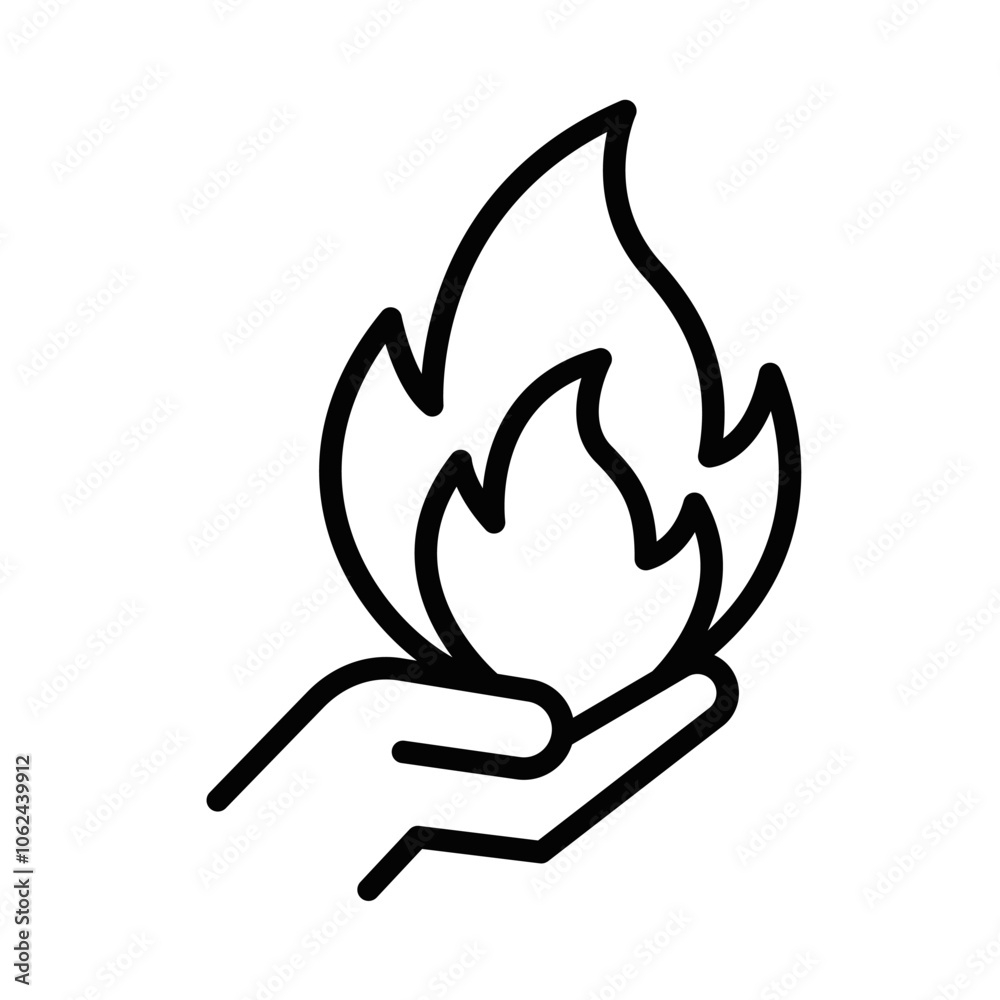 Minimalist hand holding a flame, symbolizing safety, care, or energy. Vector illustration. Editable stroke. Minimalist hand holding a flame, symbolizing safety, care, or energy. Vector illustration. Editable stroke.