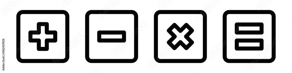 Set of plus, minus, multiply, and equal symbols, ideal for educational or financial designs. Vector illustration. Editable stroke. Set of plus, minus, multiply, and equal symbols, ideal for educational or financial designs. Vector illustration. Editable stroke.