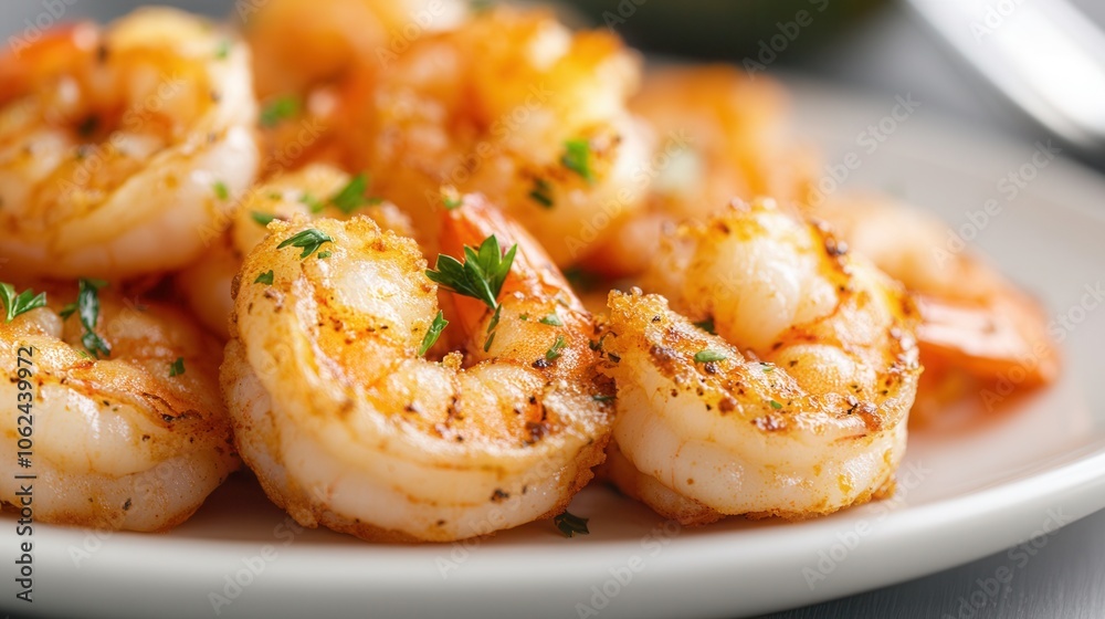 A delightful plate of crispy fried shrimp garnished with fresh parsley ready to enjoy as a seafood dish for lunch or dinner A delightful plate of crispy fried shrimp garnished with fresh parsley ready to enjoy as a seafood dish for lunch or dinner