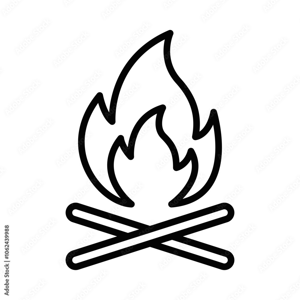 Simple line art of a campfire with logs, perfect for themes like camping, outdoors, and adventure. Vector illustration. Editable stroke. Simple line art of a campfire with logs, perfect for themes like camping, outdoors, and adventure. Vector illustration. Editable stroke.