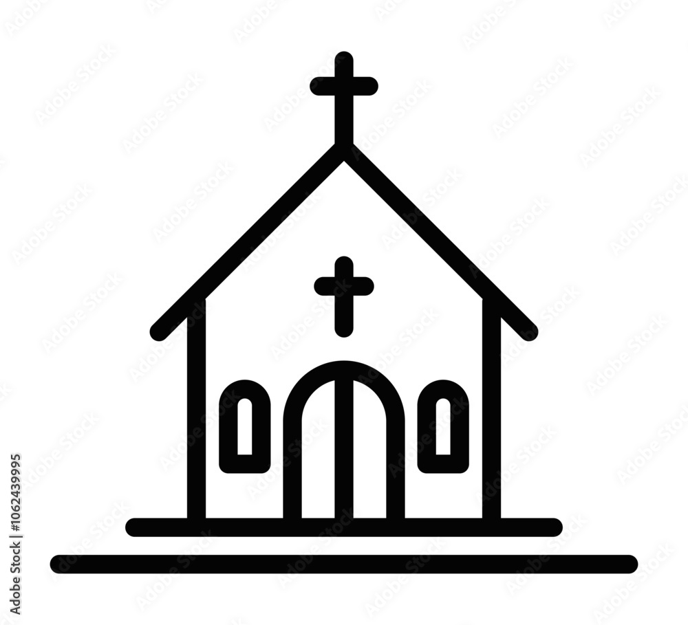 Clean line art of a church building, featuring a cross and symmetrical design. Perfect for religion or spirituality themes. Vector illustration. Editable stroke. Clean line art of a church building, featuring a cross and symmetrical design. Perfect for religion or spirituality themes. Vector illustration. Editable stroke.