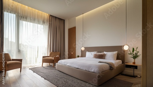 Modern hotel bedroom interior with bed near window, mock up wall