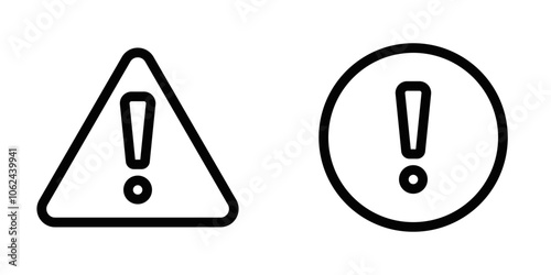 Pair of exclamation mark signs in triangle and circle shapes, signaling alerts or warnings. Vector illustration. Editable stroke.