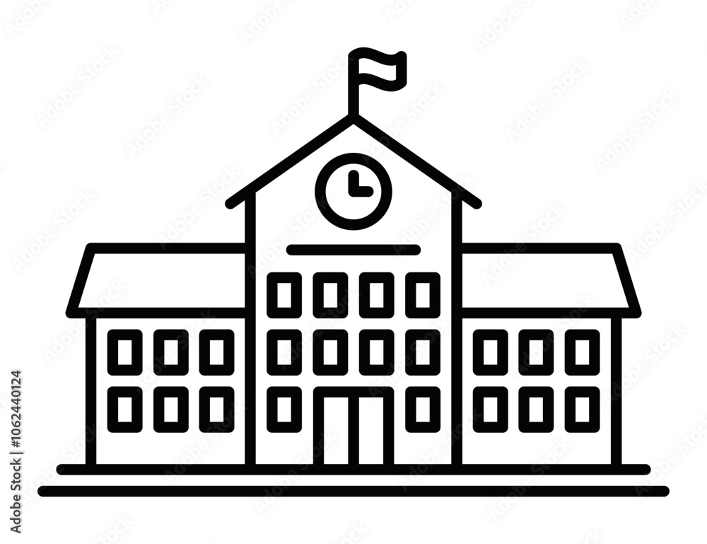 School building icon with flag and clock, representing education, learning, or academic institutions. Modern outline vector. Editable stroke. School building icon with flag and clock, representing education, learning, or academic institutions. Modern outline vector. Editable stroke.