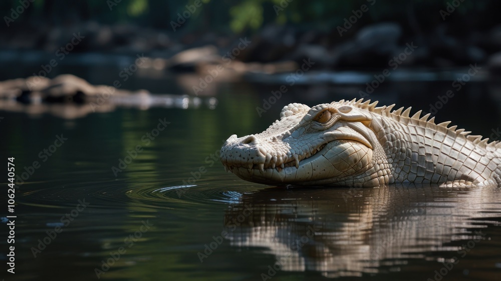 Obraz premium a rare albino crocodile, its pale skin contrasting sharply with the dark, murky water. The crocodile's distinctive features, such as its powerful jaws and sharp teeth, are clearly visible