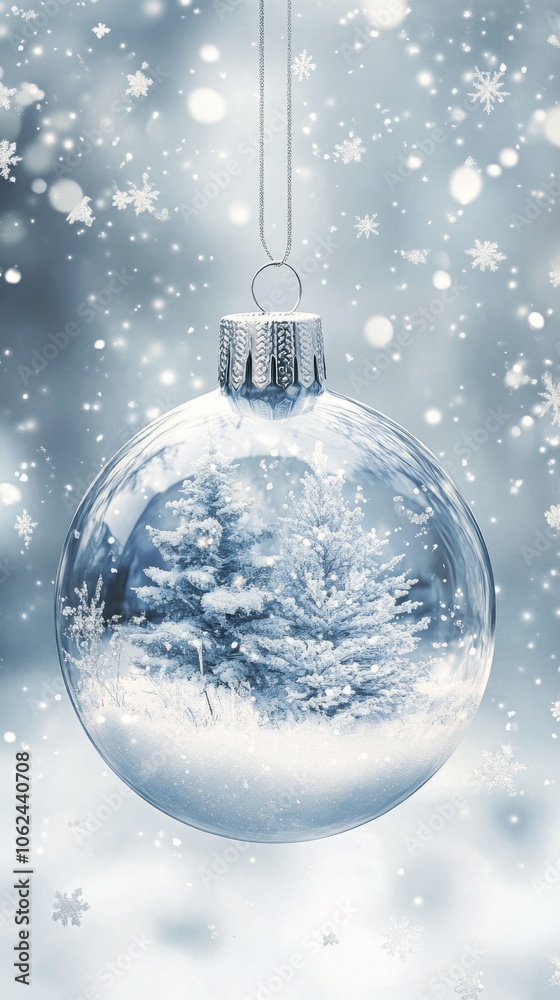 A crystal ornament features a snowy miniature tree and winter landscape in soft blue tones