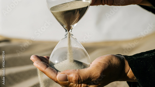 Person holding hourglass with sand flowing between hands photo