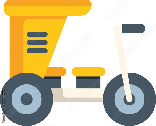 This colorful vector illustration shows a yellow pedal car with a canopy, designed for two kids to play outdoors