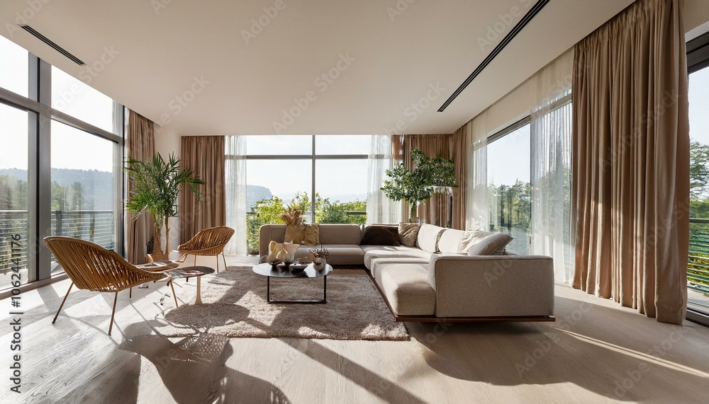 Fototapeta premium Modern living room interior with elegant furniture and large windows. 3D Rendering
