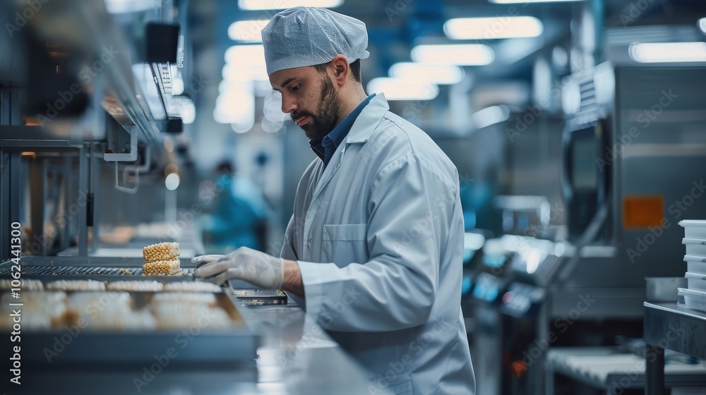 A food processing plant worker attentively monitoring the flow of ingredients through the production machinery A food processing plant worker attentively monitoring the flow of ingredients through the production machinery