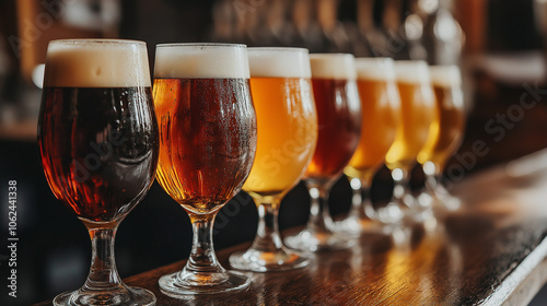 Glasses with different sorts of craft beer on wooden bar. Tap beer in pint glasses arranged in a row. Closeup of five glasses of different types of draught beer in a pub.