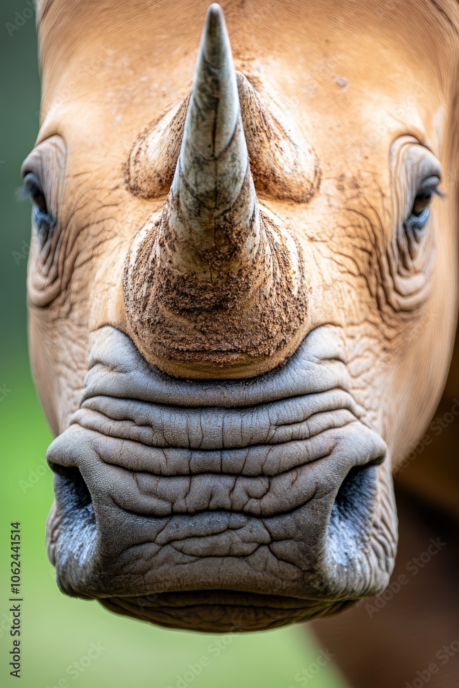 Fototapeta premium A close up of a rhino's face with a green background