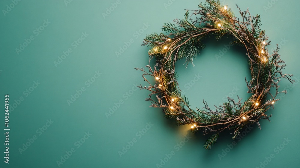 Fototapeta premium A wooden wreath with small pine branches and warm lights, arranged against a simple, matte seafoam green background