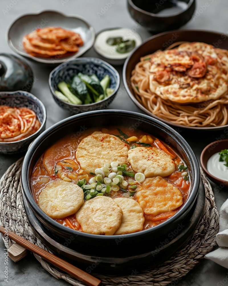 A warm Korean stew with sliced fish cakes sits in a stone bowl, accompanied by side dishes of pickled vegetables and noodles, perfect for evening meals A warm Korean stew with sliced fish cakes sits in a stone bowl, accompanied by side dishes of pickled vegetables and noodles, perfect for evening meals